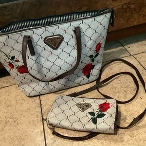 Baby phat women’s cream and Brown rose Tote Bag & double zipper wallet